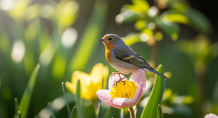 Robin perched on a tulip in a spring gardenの写真素材