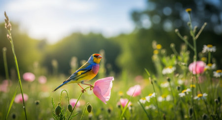 Colorful bird perched delicately on a pink poppy flower