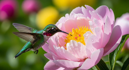 Hummingbird feeding on nectar from a pink peony flower