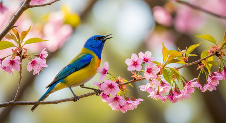 Vibrant bird perches among cherry blossom branch, spring scene