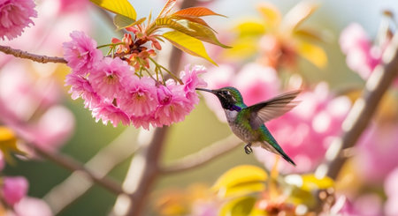 Hummingbird feeding on bright pink cherry blossom flowers