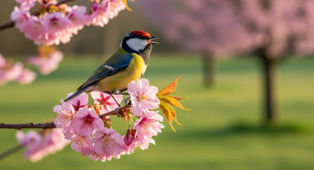 Great Tit sings among the delicate pink cherry blossoms