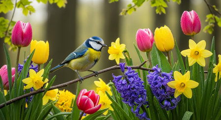 Eurasian Blue Tit Bird Perched Among Spring Flowersの写真素材