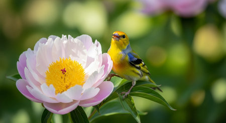 Vibrant songbird perched gracefully on a delicate pink flowerの写真素材