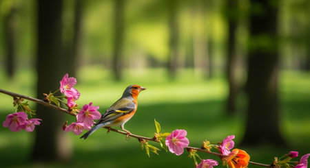 Colorful bird resting on flowering branch in springtime forestの写真素材