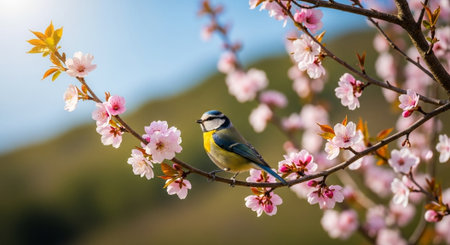 Eurasian blue tit perched on a blossoming cherry branchの写真素材