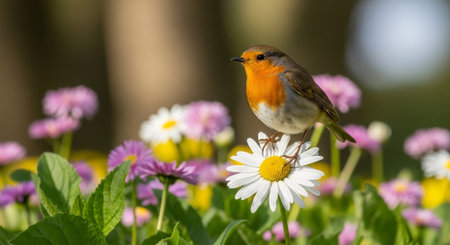 Robin perched atop daisy in a colorful flower fieldの写真素材