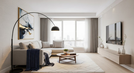 Modern neutral living room with artistic details and natural light
