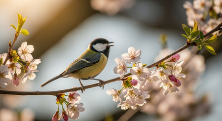 Great Tit perched on flowering cherry blossom branch outdoors