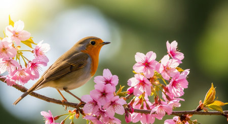 Robin perched on cherry blossom branch in spring sunlightの写真素材