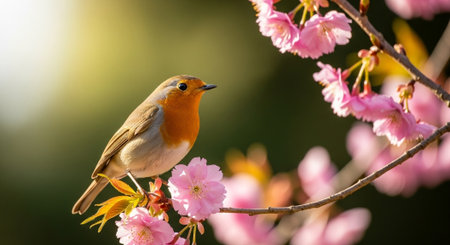 Robin perched on blossoming cherry tree branch in springtime