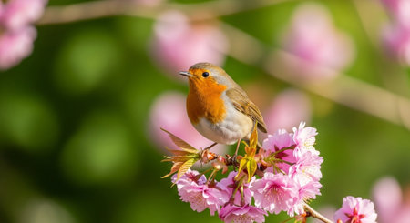 Robin perched on cherry blossoms, spring scene photographyの写真素材