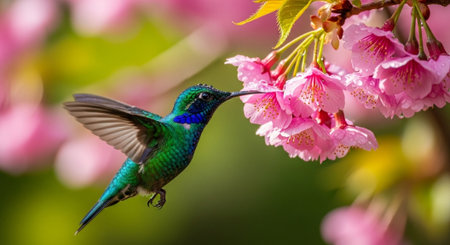 Hummingbird feeding on pink blossom, spring time nature sceneの写真素材
