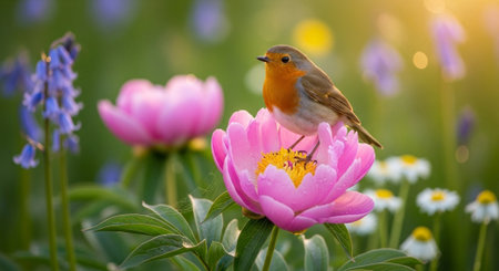 Robin perched on pink peony in spring garden settingの写真素材