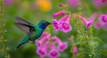 Vibrant hummingbird sips nectar from bright pink bell-shaped flowersの写真素材
