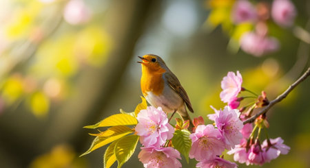 Robin singing on a blooming cherry blossom branch