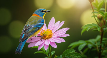 Vibrant bird perched delicately on a pink flower blossom