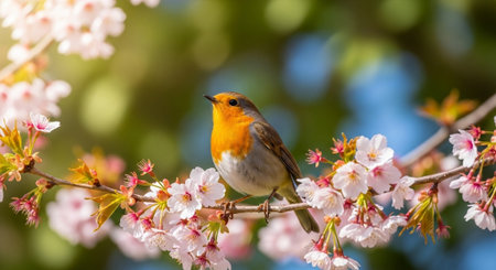 Robin bird perched on a flowering cherry blossom branchの写真素材
