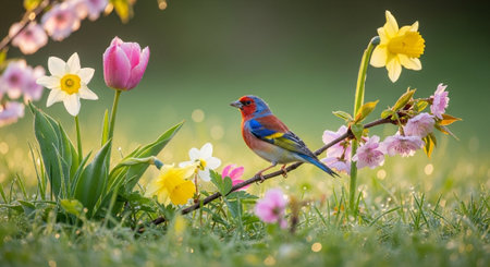Vibrant bird perched among spring blossoms in a meadowの写真素材