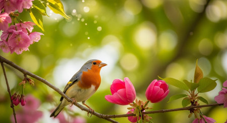 European robin perched on a branch with pink blossomsの写真素材