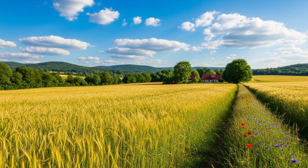 Golden wheat field under a bright blue skyの写真素材
