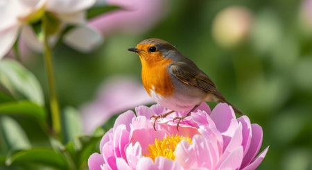 European Robin perched on pink peony blossom closeup photographの写真素材