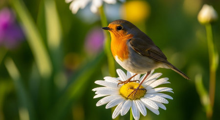 Robin perched atop a daisy in a flower fieldの写真素材