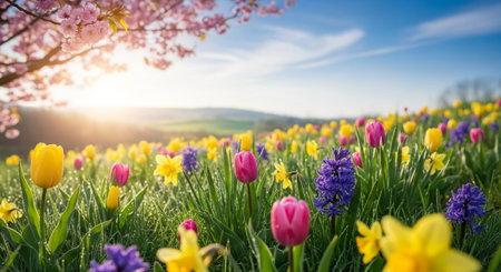Vibrant spring flower meadow with tulips and daffodils
