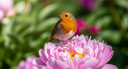 European robin perched gracefully on a blooming pink peonyの写真素材