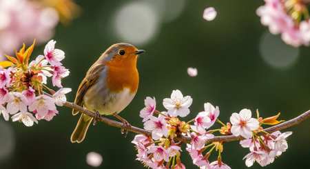 Robin perched on cherry blossom branch in spring sunlightの写真素材