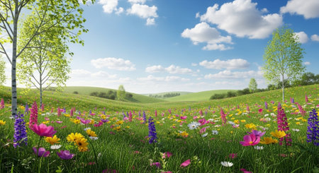 Tranquil meadow of colorful wildflowers on a sunny dayの写真素材