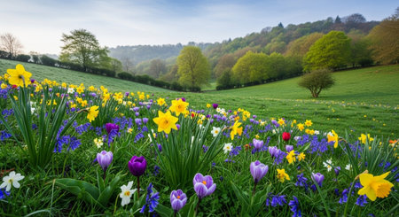 Scenic meadow with diverse wildflowers under bright skyの写真素材