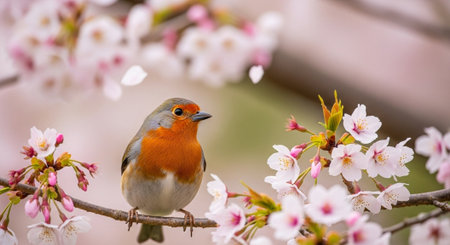 Robin perched on a cherry blossom branch in springtimeの写真素材