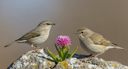 Two small birds perched near a pink flower