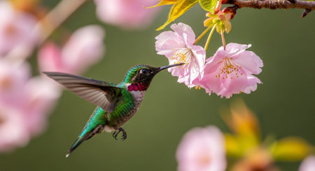Hummingbird approaching pink cherry blossom in vibrant garden lightの写真素材