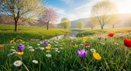 Scenic spring meadow with wildflowers and trees alongside creekの写真素材