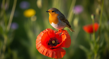 Robin bird perched on a vibrant red poppy flowerの写真素材