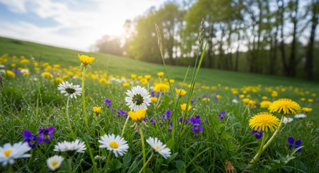 Spring meadow with daisies and dandelions in morning lightの写真素材