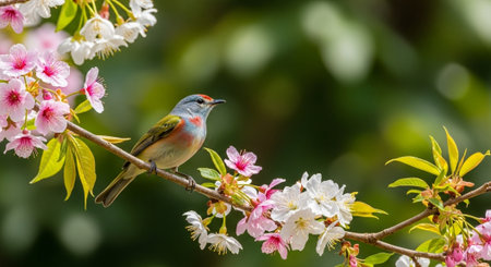 Vibrant bird perched among pink and white cherry blossomsの写真素材