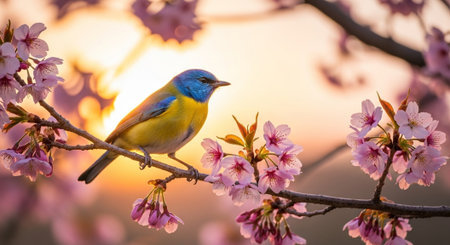 Vibrant blue and yellow bird perched on cherry blossomsの写真素材