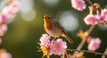 Robin perched on cherry blossom branch during springtime sunshineの写真素材