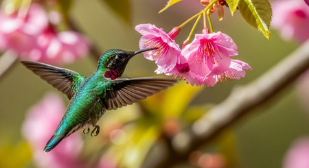 Hummingbird in flight drinking nectar from pink cherry blossom