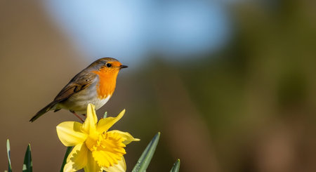 Robin bird perched atop a bright yellow daffodil blossomの写真素材
