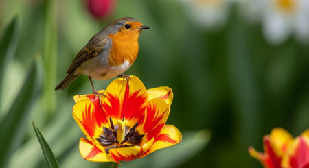 Robin perched atop vibrant yellow and red tulip bloomの写真素材