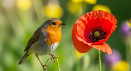European Robin perched on poppy stem in soft sunlight
