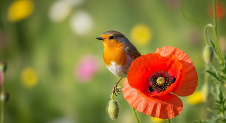 Robin perched on vibrant red poppy flower in meadowの写真素材