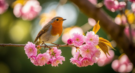 Robin perched on blossoming branch in springtime settingの写真素材