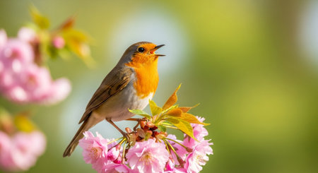 Robin singing on pink cherry blossom branch in springの写真素材