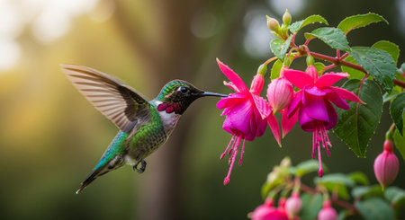 Hummingbird feeding on bright pink fuchsia flower in garden