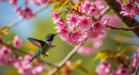 Hummingbird feeding on pink cherry blossoms in springtime